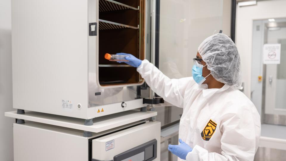 A researcher in the Marcus Center of Excellence for Cell Biomanufacturing removes cultured cells from an incubator for further characterization and testing.